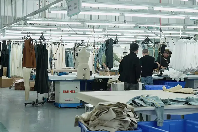 Shirt factory machine area for sewing printing and button attachment