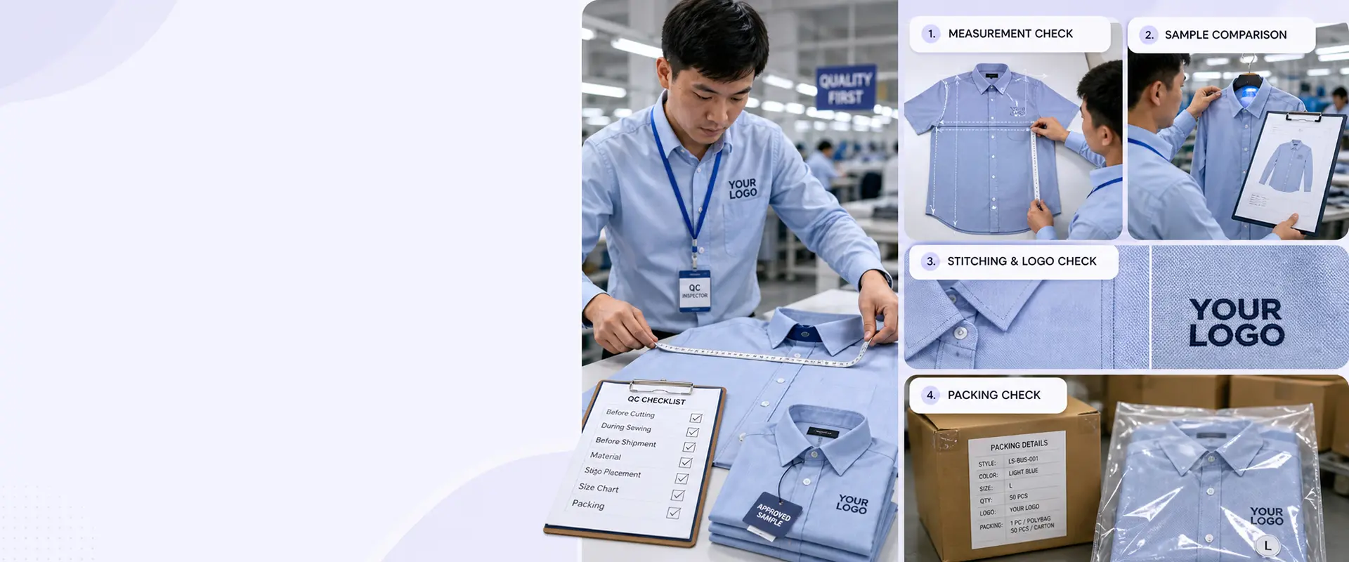 Custom shirt quality control inspection at Shirtswise factory