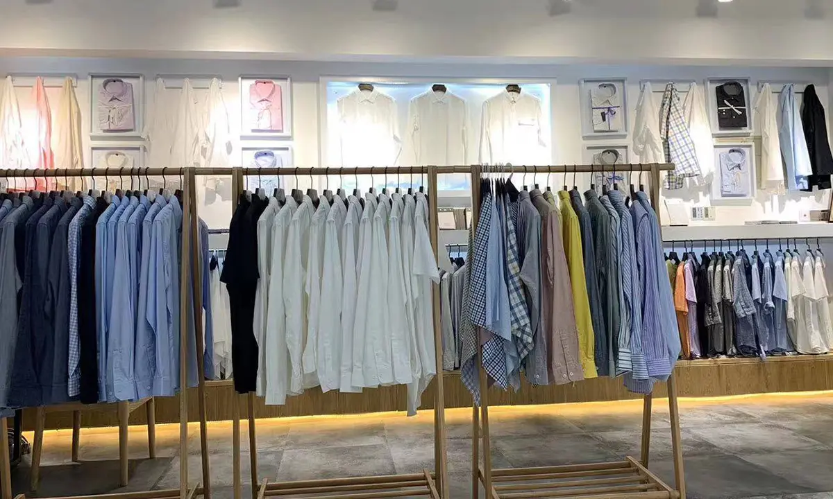 Custom work shirt samples in factory sample room