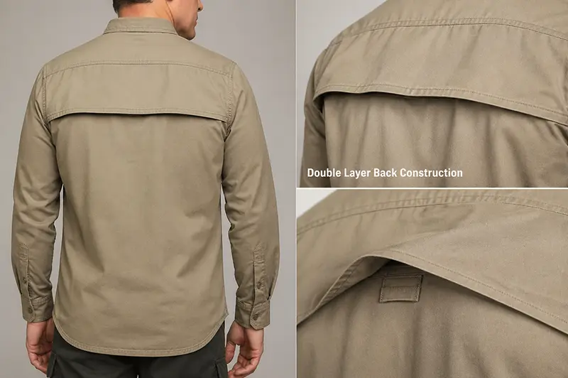 Double-layer back construction for custom work shirts and overshirts