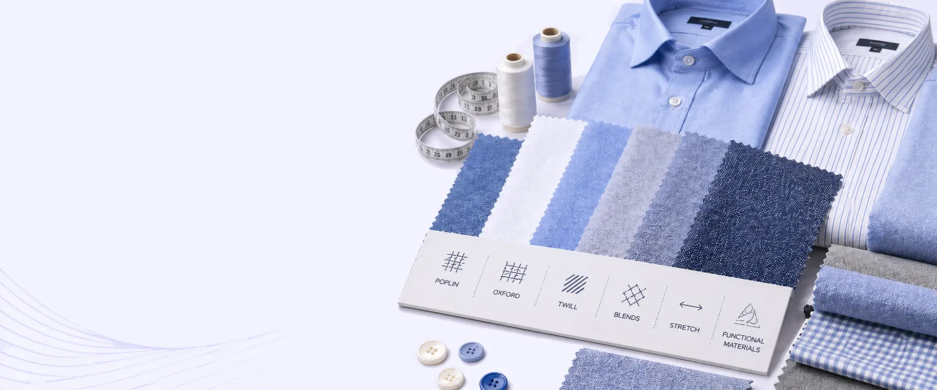 Custom shirt fabric options including poplin oxford twill blends and stretch fabrics