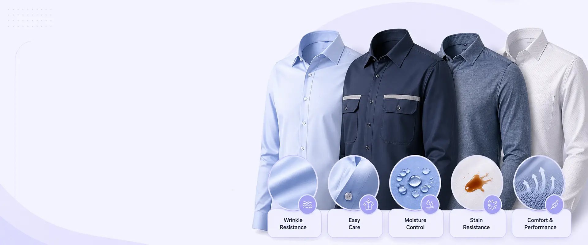 Custom shirt functional finishes for uniforms and work shirts
