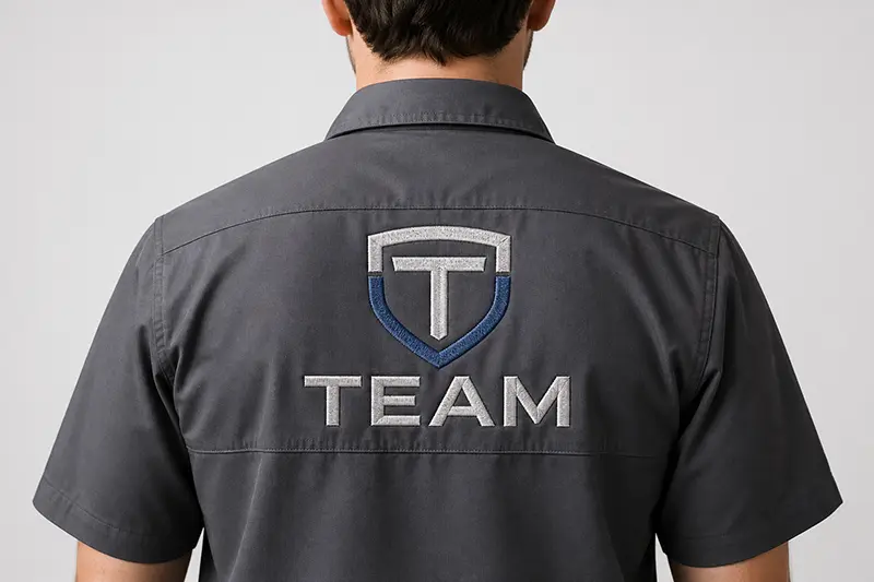 Back logo embroidery for custom work shirts and uniforms
