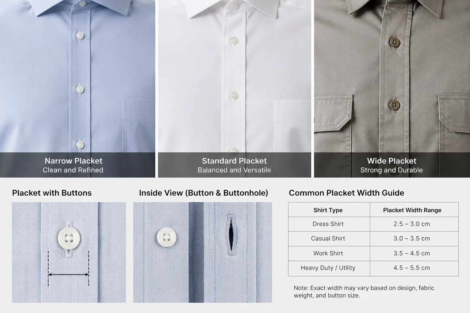 Placket width options for custom shirts