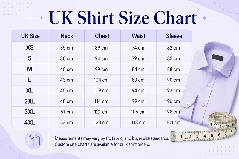 UK shirt size chart for custom shirts