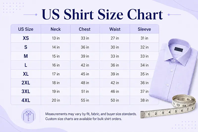 US shirt size chart for custom shirt orders